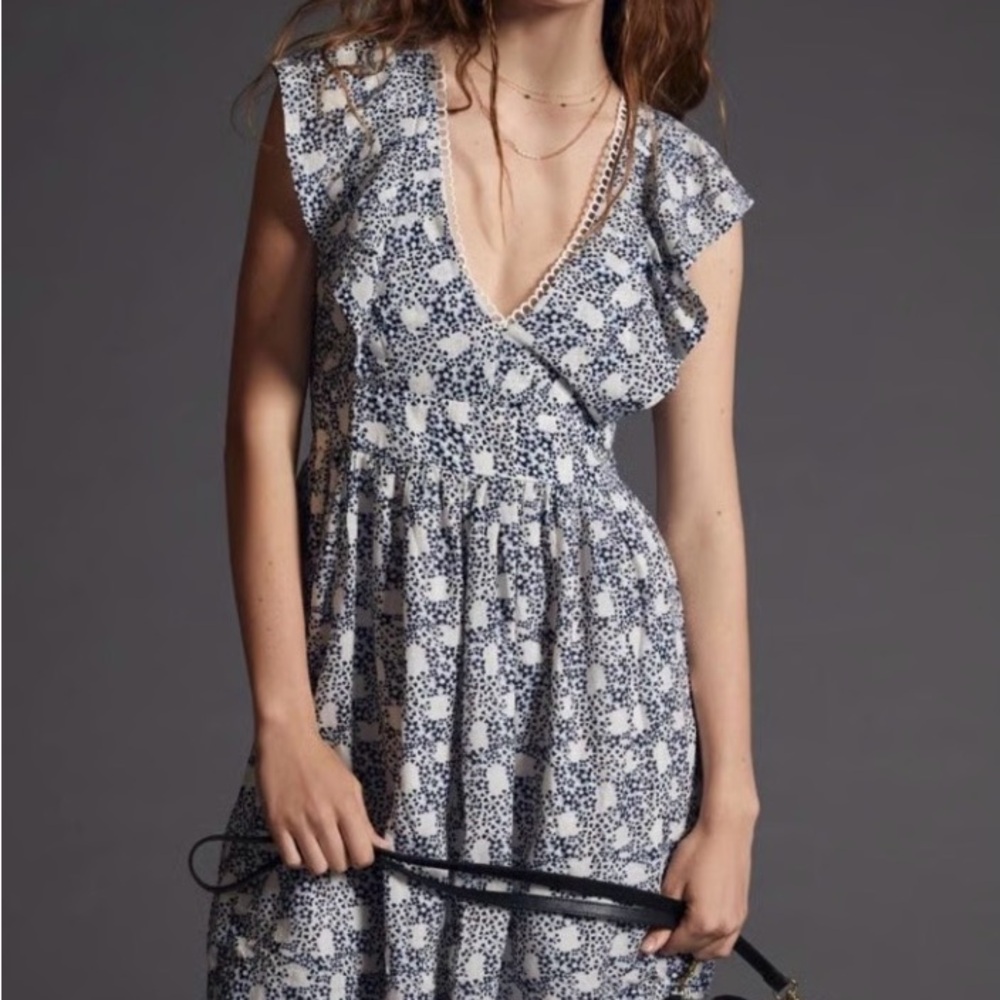 Anthropologie Blue and White Floral Mini Tunic Dress
